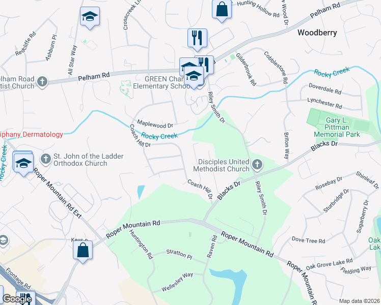 map of restaurants, bars, coffee shops, grocery stores, and more near 29 Fieldstone Place in Greenville