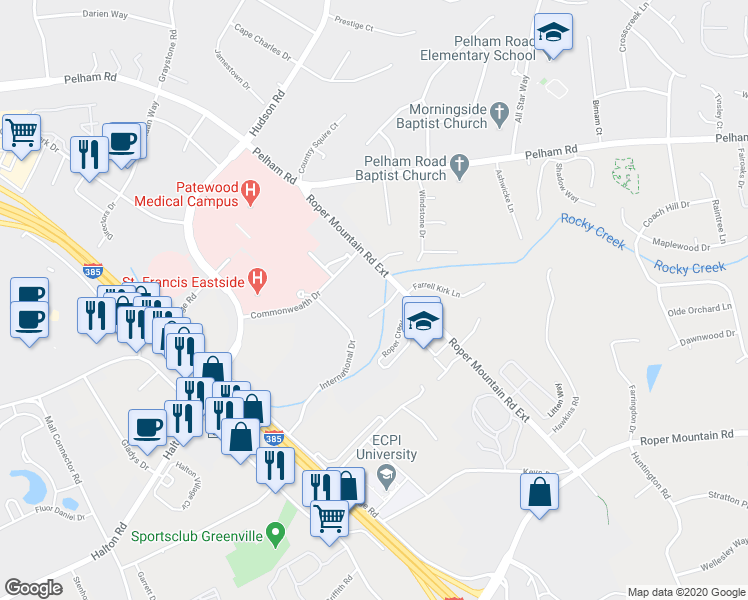 map of restaurants, bars, coffee shops, grocery stores, and more near 30 Creekview Court in Greenville