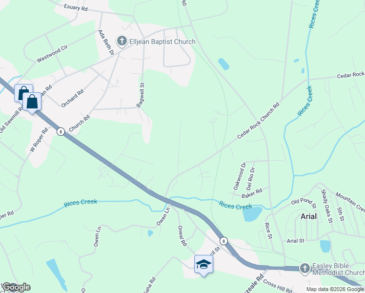 map of restaurants, bars, coffee shops, grocery stores, and more near 132 Miller Road in Easley