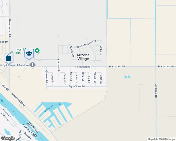 map of restaurants, bars, coffee shops, grocery stores, and more near 1893 Tin Way in Mohave Valley