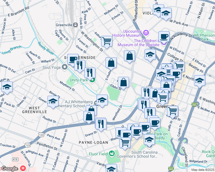 map of restaurants, bars, coffee shops, grocery stores, and more near 215 Gibbs St in Greenville