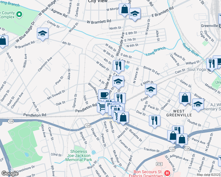 map of restaurants, bars, coffee shops, grocery stores, and more near 32 3rd Street in Greenville