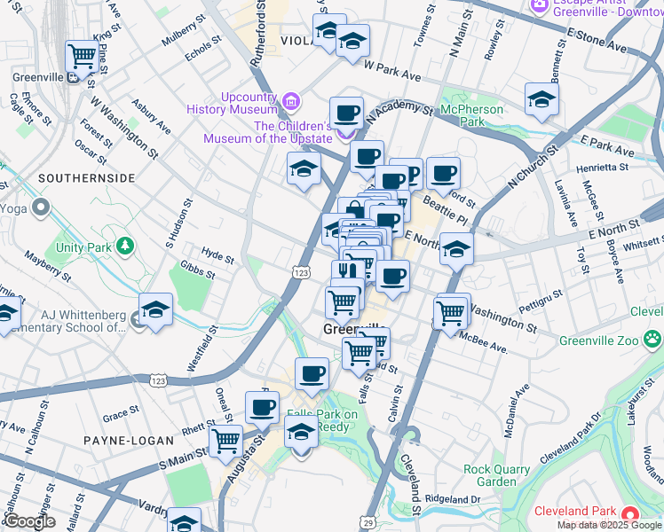 map of restaurants, bars, coffee shops, grocery stores, and more near 205 West Washington Street in Greenville