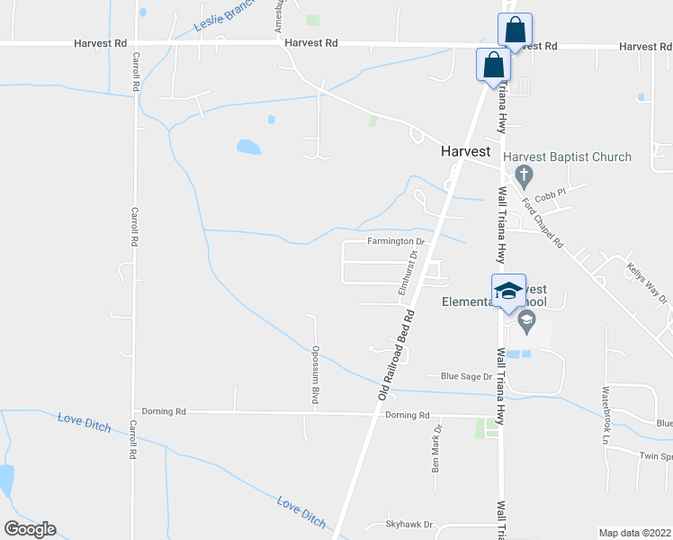 map of restaurants, bars, coffee shops, grocery stores, and more near 156 Farmington Drive in Harvest