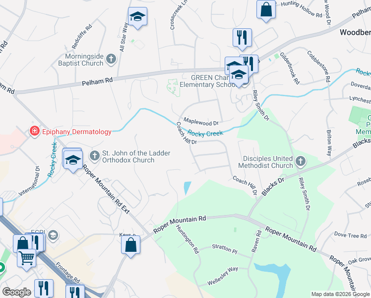map of restaurants, bars, coffee shops, grocery stores, and more near 6 Hitching Post Lane in Greenville