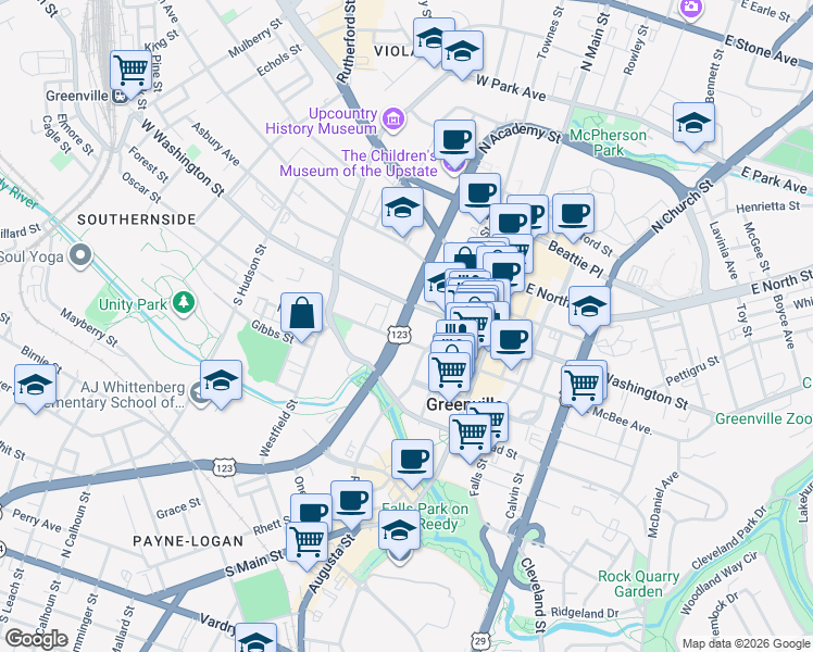 map of restaurants, bars, coffee shops, grocery stores, and more near 17 South Academy Street in Greenville