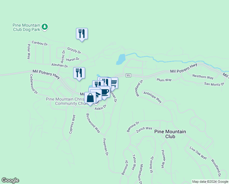 map of restaurants, bars, coffee shops, grocery stores, and more near 2424 Freeman Drive in Pine Mountain Club