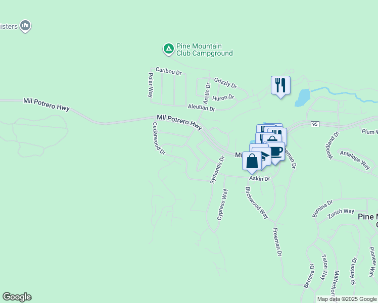 map of restaurants, bars, coffee shops, grocery stores, and more near 2461 Tyndall Way in Pine Mountain Club