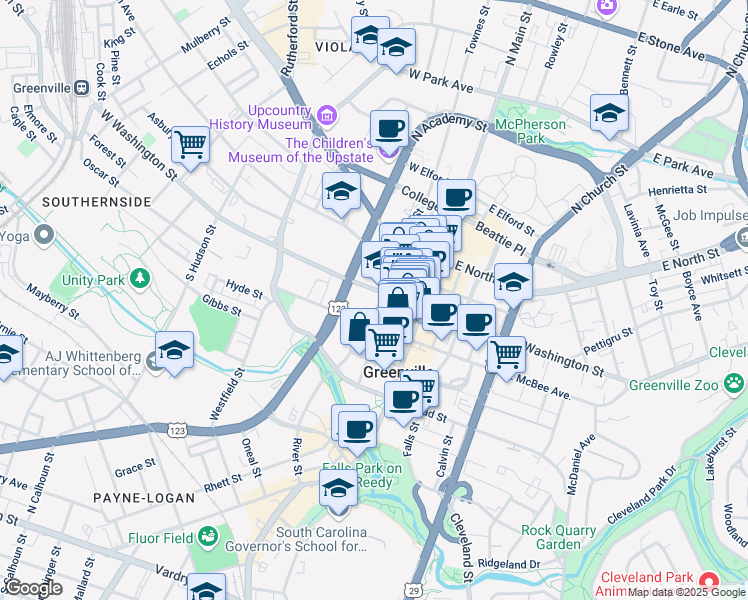 map of restaurants, bars, coffee shops, grocery stores, and more near 205 West Washington Street in Greenville