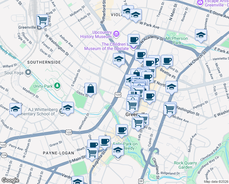 map of restaurants, bars, coffee shops, grocery stores, and more near 17 South Academy Street in Greenville