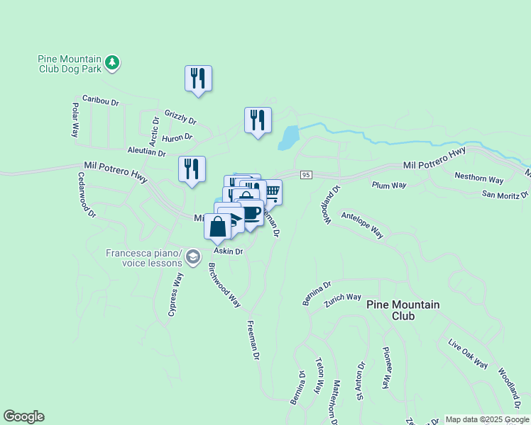 map of restaurants, bars, coffee shops, grocery stores, and more near 2420 Freeman Drive in Frazier Park