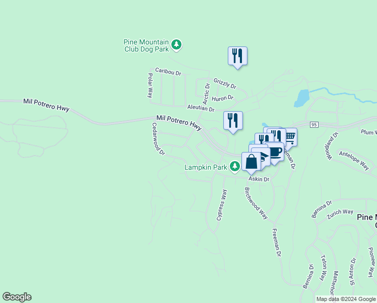 map of restaurants, bars, coffee shops, grocery stores, and more near 2461 Tyndall Way in Pine Mountain Club