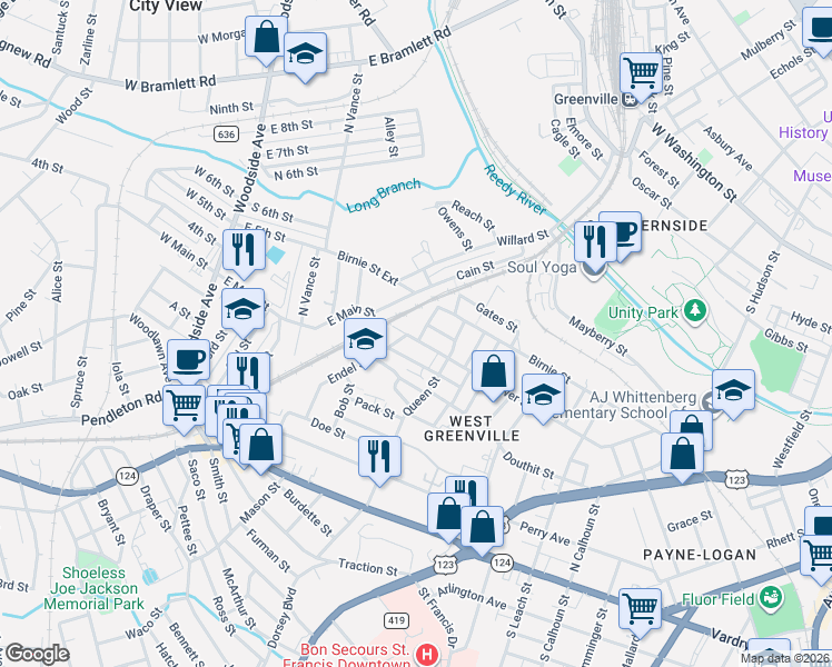 map of restaurants, bars, coffee shops, grocery stores, and more near 504 Gower St in Greenville