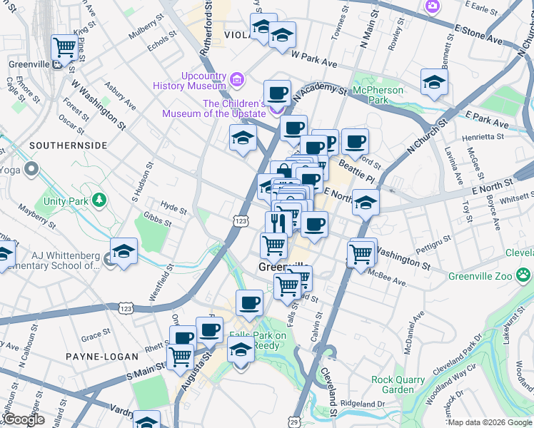 map of restaurants, bars, coffee shops, grocery stores, and more near 201 West Washington Street in Greenville