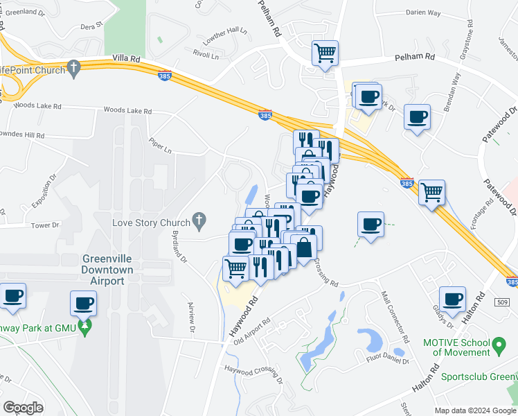 map of restaurants, bars, coffee shops, grocery stores, and more near 306 Congaree Road in Greenville