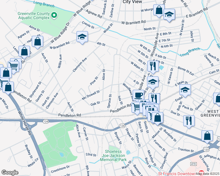 map of restaurants, bars, coffee shops, grocery stores, and more near 12 Alice Street in Greenville