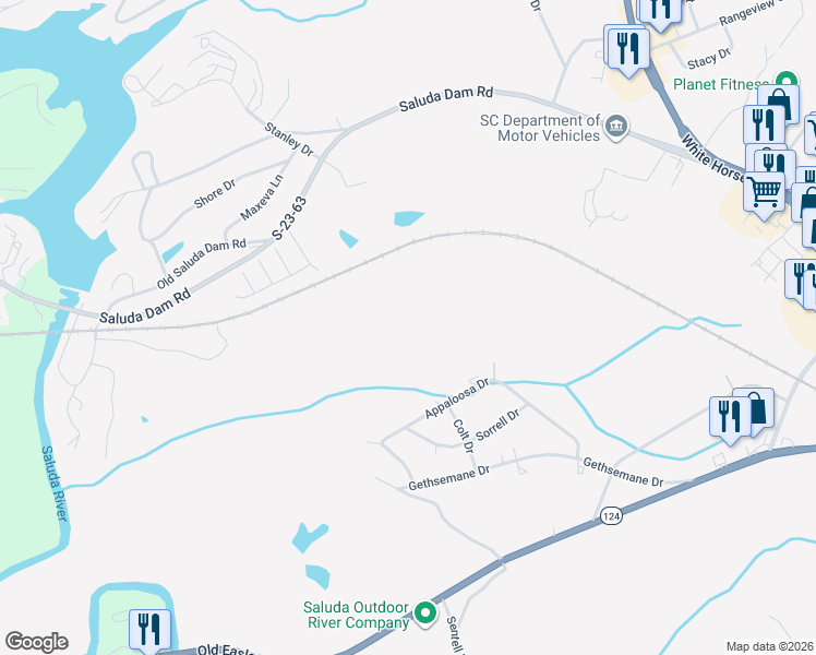 map of restaurants, bars, coffee shops, grocery stores, and more near 113 Appaloosa Drive in Greenville