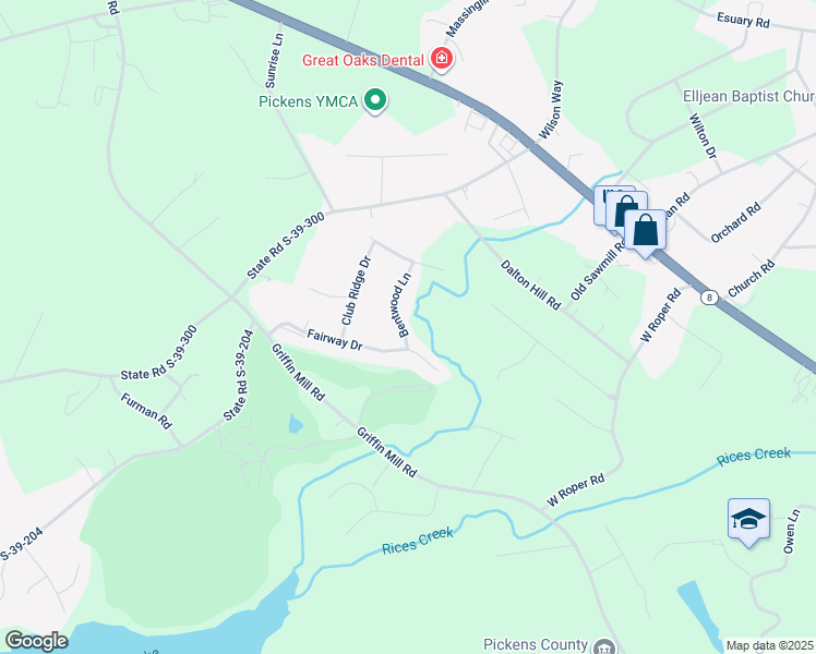 map of restaurants, bars, coffee shops, grocery stores, and more near 106 Bentwood Lane in Pickens