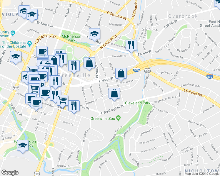 map of restaurants, bars, coffee shops, grocery stores, and more near 2 Whitsett Street in Greenville