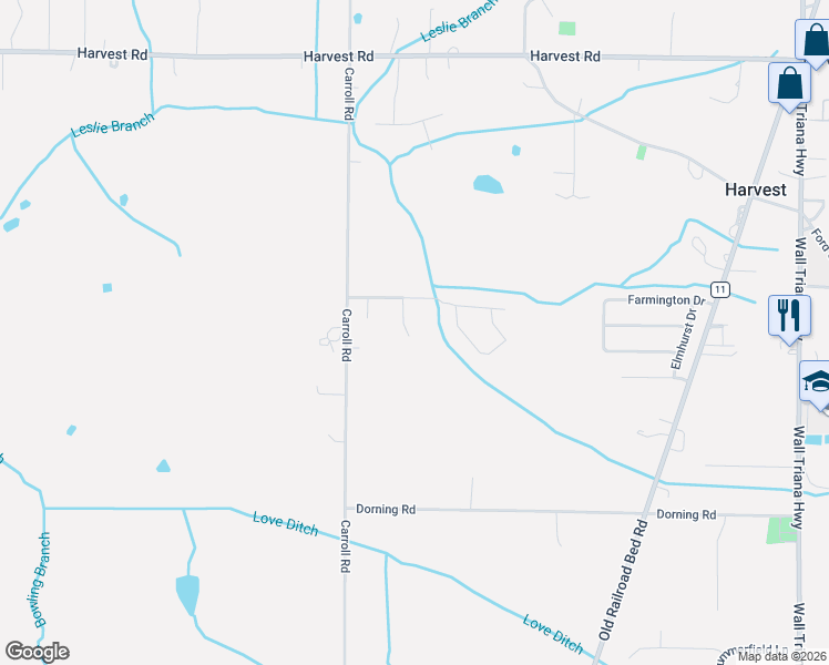 map of restaurants, bars, coffee shops, grocery stores, and more near 747 Carroll Road in Harvest