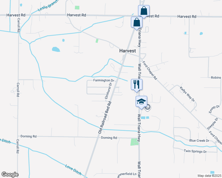 map of restaurants, bars, coffee shops, grocery stores, and more near 213 Blue Sage Drive in Harvest