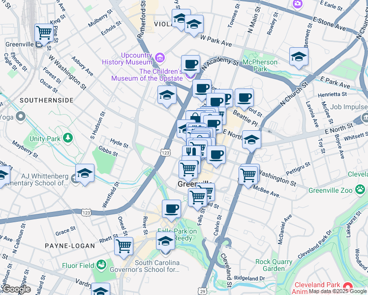 map of restaurants, bars, coffee shops, grocery stores, and more near 205 West Washington Street in Greenville