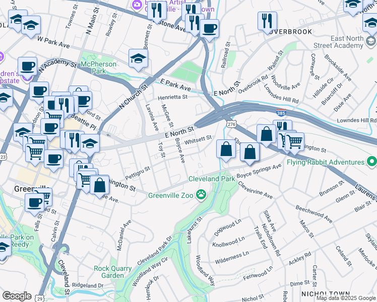 map of restaurants, bars, coffee shops, grocery stores, and more near 507 Pettigru Street in Greenville
