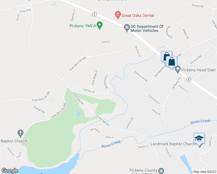 map of restaurants, bars, coffee shops, grocery stores, and more near 106 Bentwood Lane in Pickens