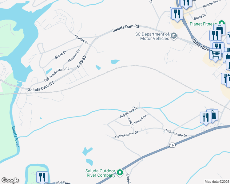 map of restaurants, bars, coffee shops, grocery stores, and more near 113 Appaloosa Drive in Greenville