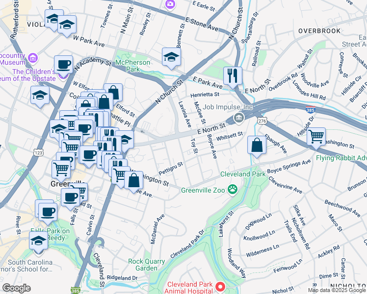 map of restaurants, bars, coffee shops, grocery stores, and more near 117 Williams Street in Greenville