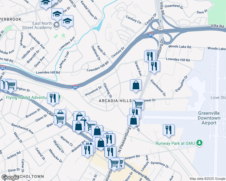 map of restaurants, bars, coffee shops, grocery stores, and more near 10 Eisenhower Drive in Greenville