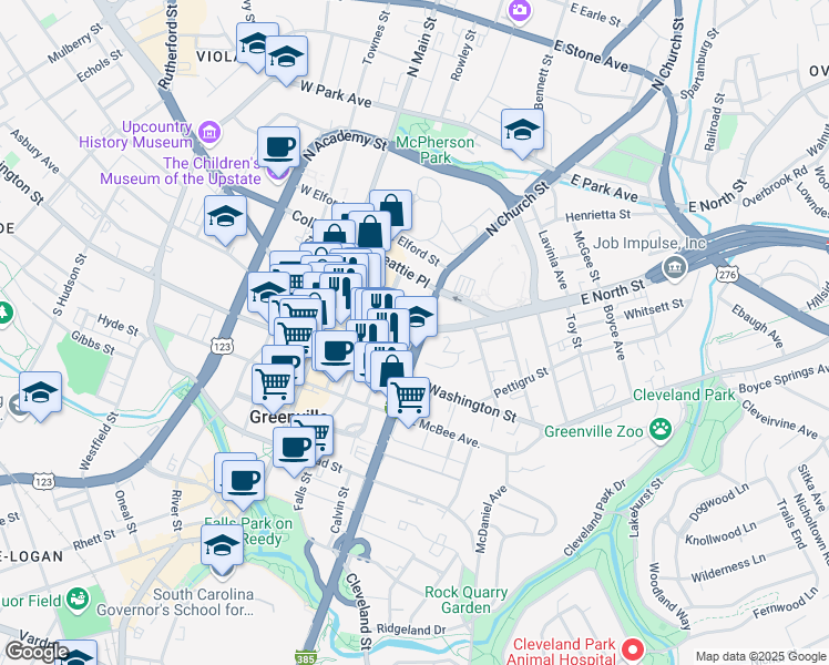 map of restaurants, bars, coffee shops, grocery stores, and more near 308 East North Street in Greenville