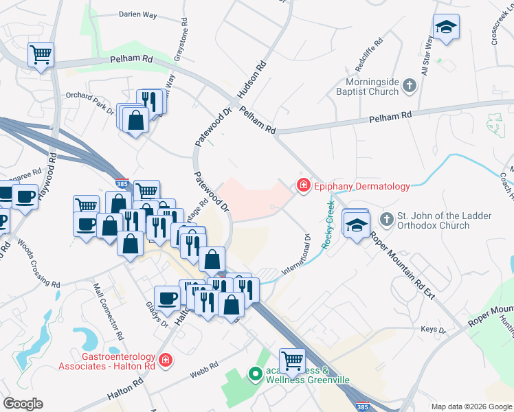 map of restaurants, bars, coffee shops, grocery stores, and more near 125 Commonwealth Drive in Greenville
