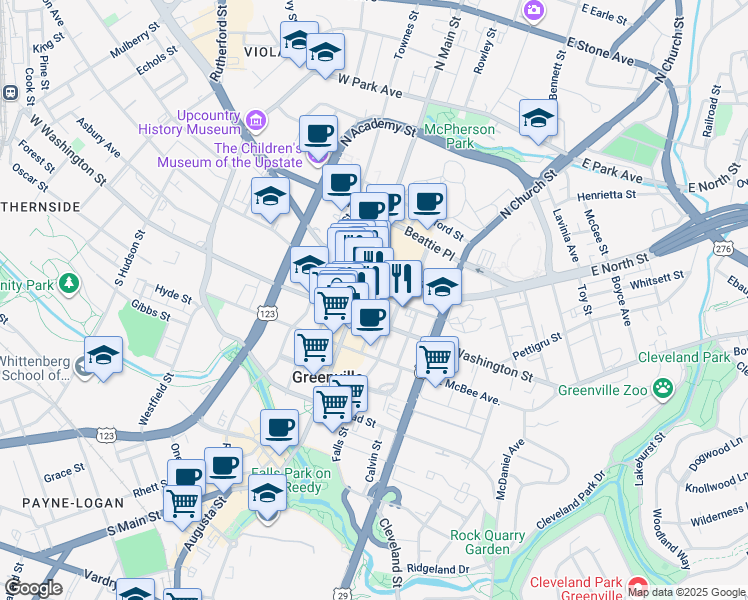 map of restaurants, bars, coffee shops, grocery stores, and more near 18 East Coffee Street in Greenville