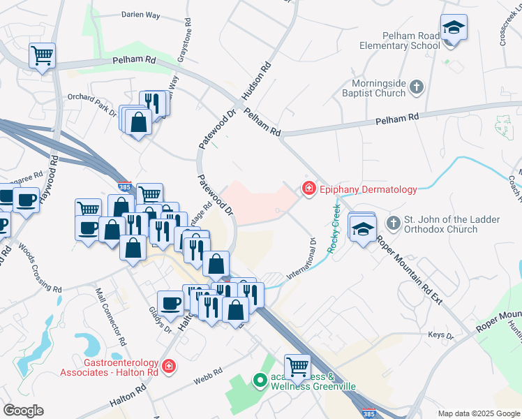 map of restaurants, bars, coffee shops, grocery stores, and more near 131 Commonwealth Drive in Greenville