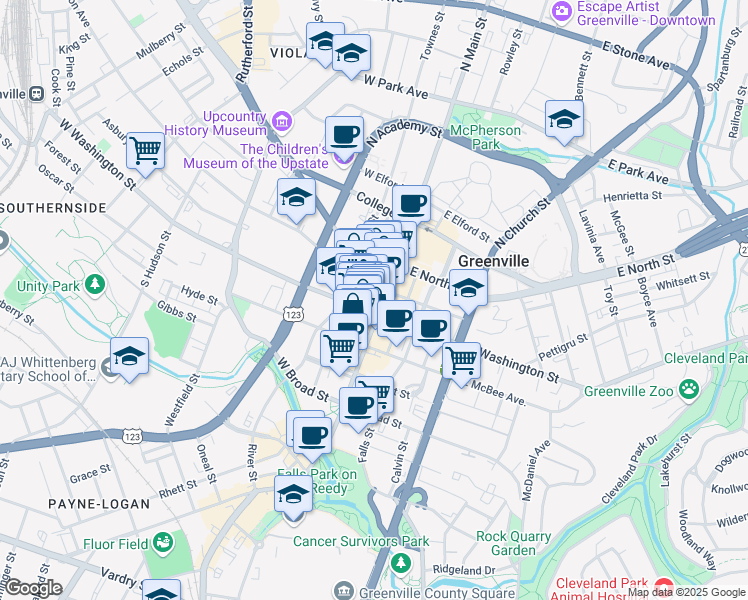 map of restaurants, bars, coffee shops, grocery stores, and more near 11 North Main Street in Greenville