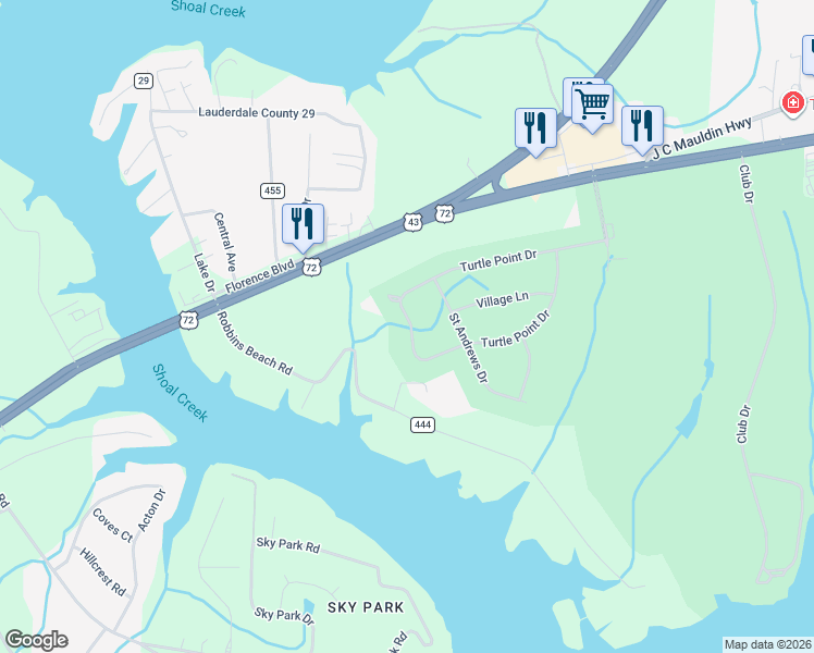 map of restaurants, bars, coffee shops, grocery stores, and more near 9177 Turtle Point Drive in Killen