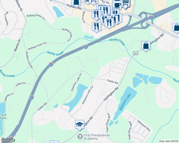 map of restaurants, bars, coffee shops, grocery stores, and more near 23587 Dublin Road in Greenville