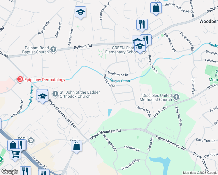 map of restaurants, bars, coffee shops, grocery stores, and more near 6 Hitching Post Lane in Greenville
