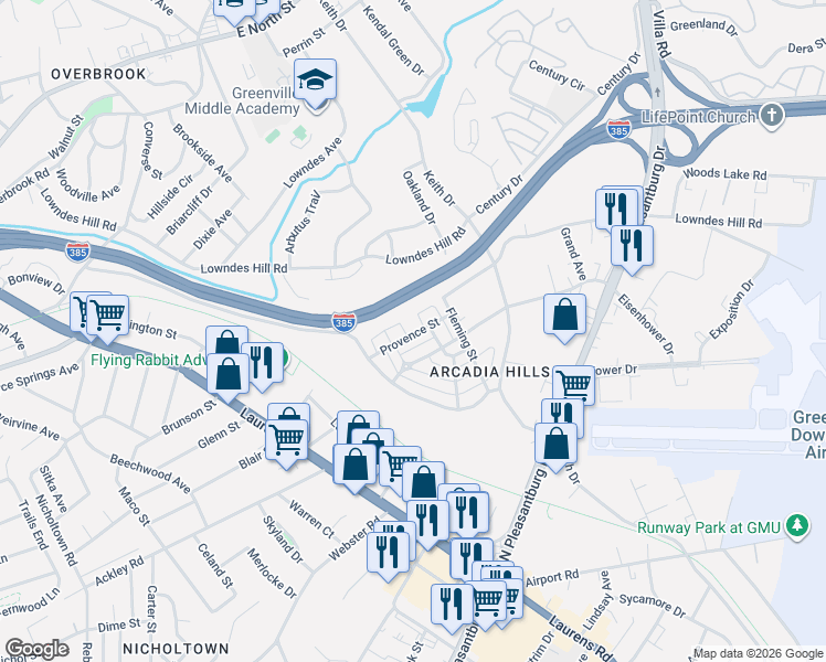 map of restaurants, bars, coffee shops, grocery stores, and more near 101 Provence Street in Greenville