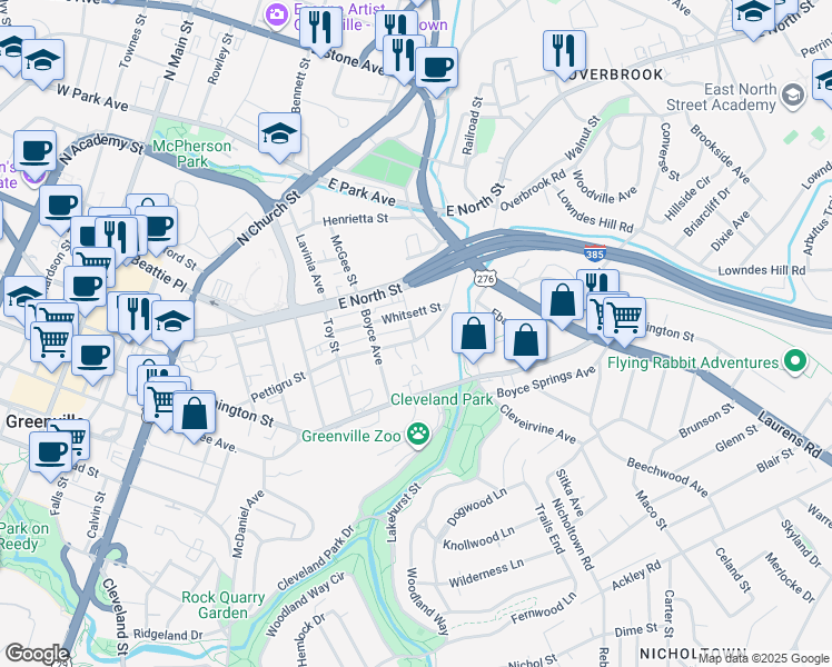 map of restaurants, bars, coffee shops, grocery stores, and more near 514 Pettigru Street in Greenville