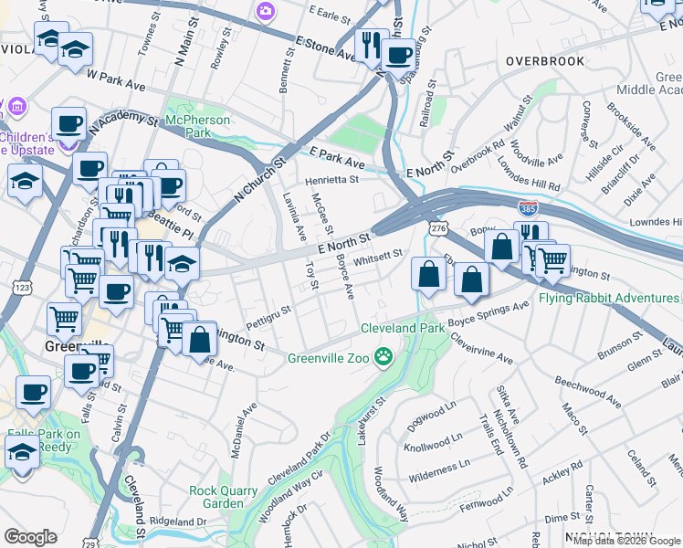 map of restaurants, bars, coffee shops, grocery stores, and more near 415 Pettigru Street in Greenville