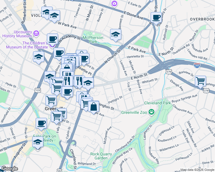 map of restaurants, bars, coffee shops, grocery stores, and more near 121 Manly Street in Greenville
