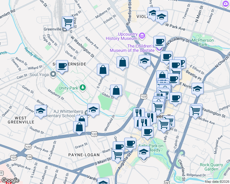 map of restaurants, bars, coffee shops, grocery stores, and more near 106 Gibbs Street in Greenville