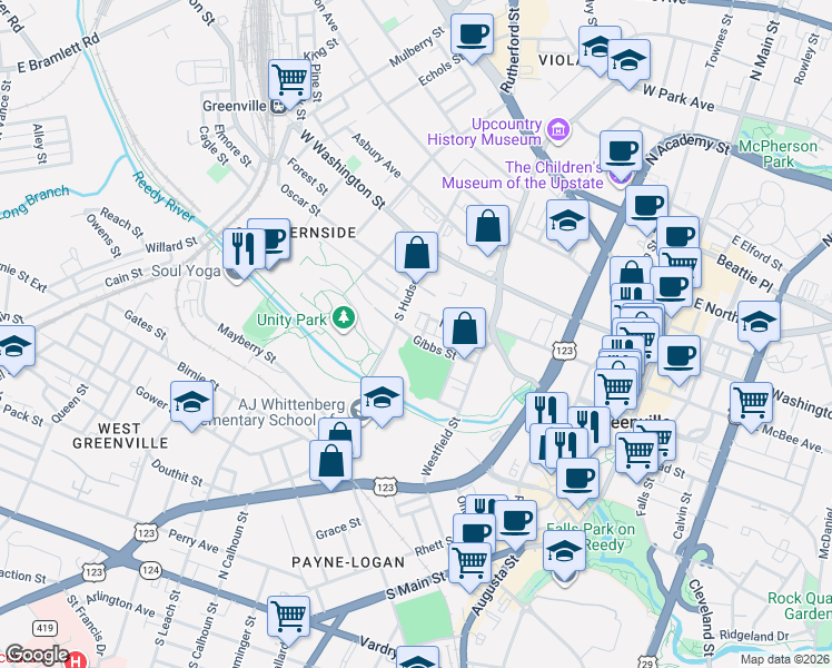 map of restaurants, bars, coffee shops, grocery stores, and more near 215 Gibbs Street in Greenville