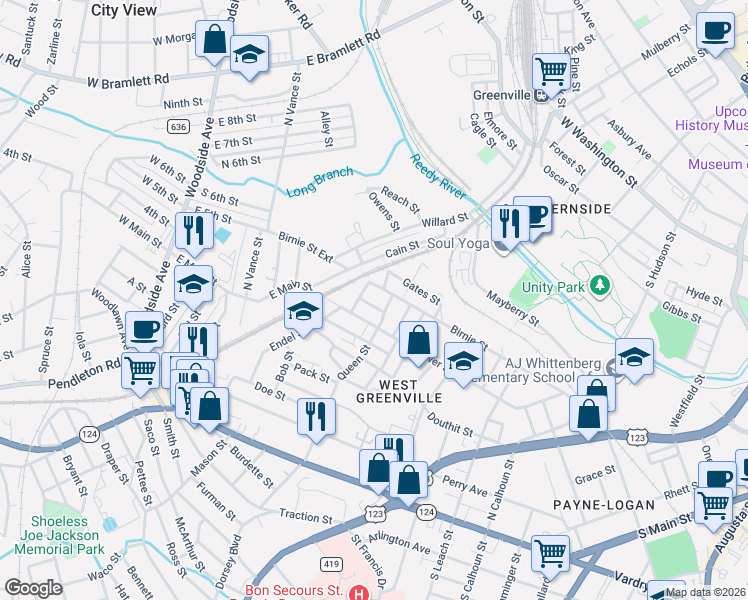 map of restaurants, bars, coffee shops, grocery stores, and more near 2 Queen Alley in Greenville