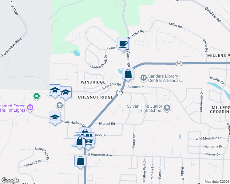 map of restaurants, bars, coffee shops, grocery stores, and more near 10511 Arkansas 107 in Sherwood