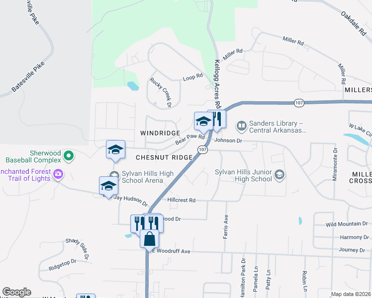 map of restaurants, bars, coffee shops, grocery stores, and more near 10511 Arkansas 107 in Sherwood