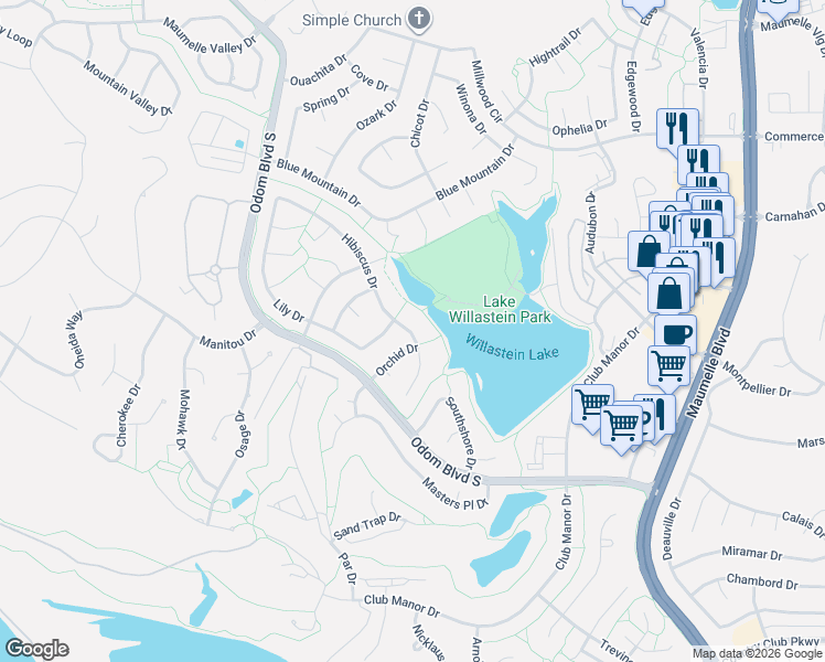 map of restaurants, bars, coffee shops, grocery stores, and more near 161 Hibiscus Drive in Maumelle