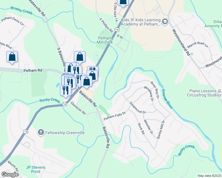 map of restaurants, bars, coffee shops, grocery stores, and more near 150 J Street in Greer